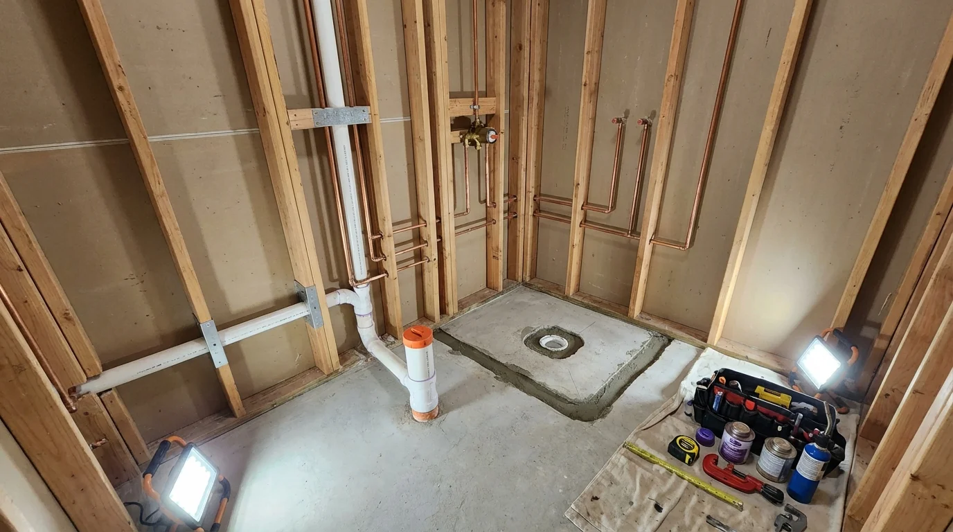 Bathroom rough-in plumbing during remodel by Johns Plumbing LLC in Walthall
