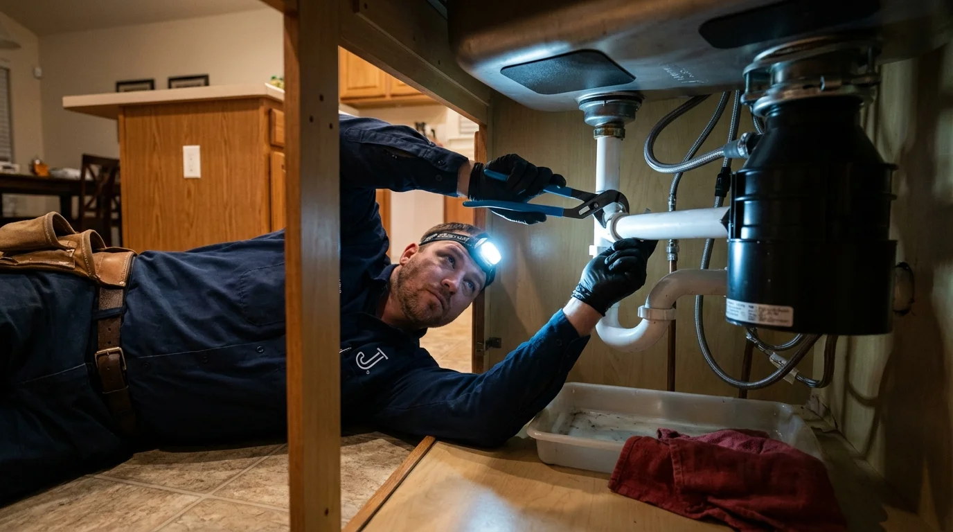 P-trap and supply line connections under a kitchen sink showing a common leak point in Walthall, MS